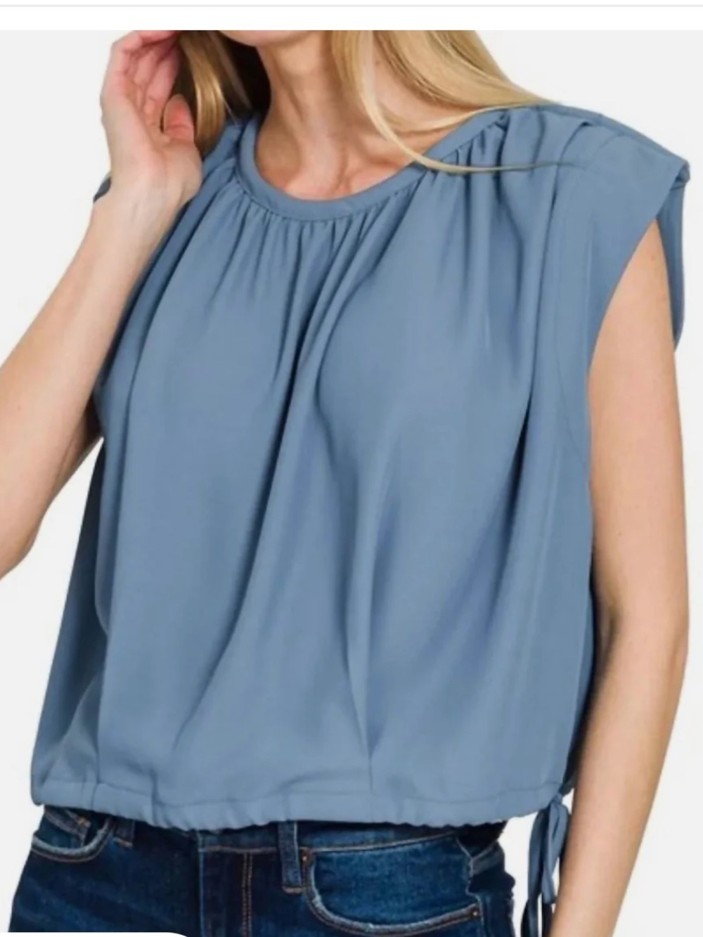 Zenana Outfitters DustyBlue Sleeveless Tie Side Gathered Neck Blouse Sz Med NWOT